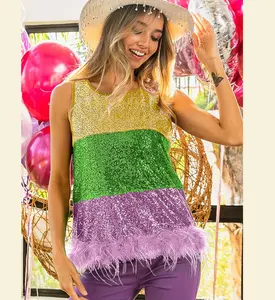 Wanita Mardi Gras Pakaian Payet Emas Sparkle Ostrich Mini Trim Feather Dress