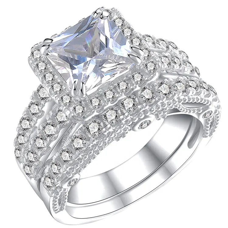 Amazon Hot Sale Luxury Minimalist Jewelry Wedding Ring Set Perfect Cut Engagement Rings 925 Sterling Silver Simulated Diamond