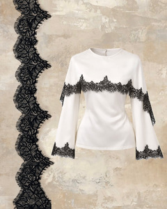 Nouvelle chemise longue à manches <span class=keywords><strong>cloche</strong></span> en satin avec dentelle, style moyen-oriental arabe, pour femme, collection 2026 – <span class=keywords><strong>Haut</strong></span> polyvalent tendance avec châle intégré - Product Image 5
