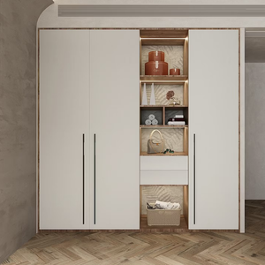 Современный простой деревянный шкаф-купе кремового цвета с модульной витриной для хранения одежды в спальне - Product Image 3