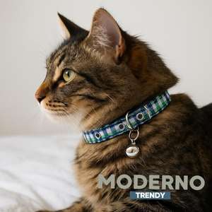 Collare Regolabile per Gatti Yommy, Blu a Quadri con Campanello, Accessorio per Animali in Morbido Nylon - Product Image 4