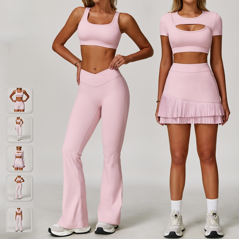 HM 2025 Plus Size Solid Backless Yoga Wear 5-Piece Set Seamless Knit Spandex/Nylon High-Waisted Quick-Dry Breathable Long Sleeve