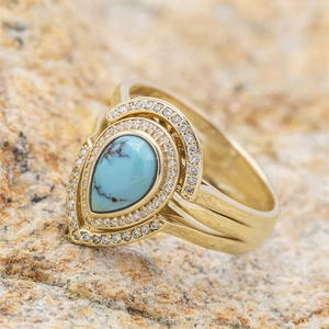 T0041 Women's 18K Solid <b>Gold</b> Cocktail <b>Ring</b> With <b>Turquoise</b> Water Drop Pave Setting Round Brilliant Cut Diamonds Fine Jewelry - Product Image 1