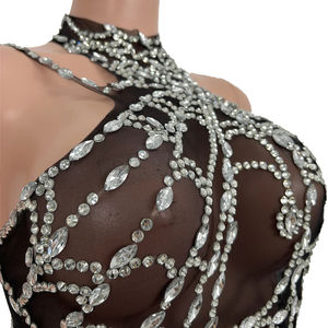 ชุดจั๊มสูทตาข่ายลายใยแมงมุมประดับเพชร สำหรับงานปาร์ตี้ไนต์คลับ ชุดบอดี้<span class=keywords><strong>สูท</strong></span>ผู้หญิง ชุดนักเต้นโชว์ลาสเวกัส ชุดรอมเปอร์รัดรูป - Product Image 4