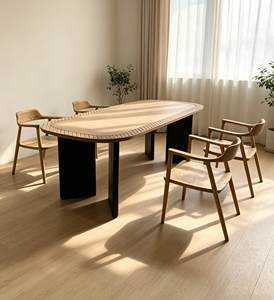 Juego de Mesa y Sillas de Comedor Ash T52 de Dos Colores, Tablero Ovalado <span class=keywords><strong>con</strong></span> Bordes Curvos, Grabado <span class=keywords><strong>con</strong></span> Patrones de <span class=keywords><strong>Diamantes</strong></span> y Columna Negra - Product Image 6