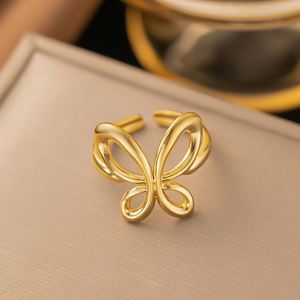 Bagues de luxe en acier inoxydable plaqué or 18 carats, motif cœur et papillon, pour femme, style vintage, fleur géométrique, idéales pour un cadeau - Product Image 4
