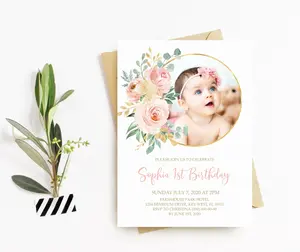 Luxury Printable Printable Pink Burgundy Floral Gold First party baby shower birthday christening invitation card girl