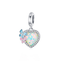 Breloque en forme de cœur plaquée argent avec incrustation d'opale et strass en cristal, bijoux mignons pour femmes, cadeau