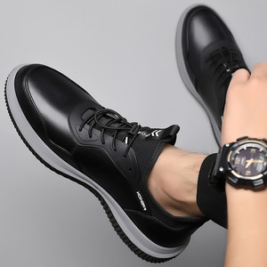 Mocassins en cuir pour hommes, bout rond, à lacets, doublure en maille respirante, semelle en caoutchouc, style britannique, chaussures décontractées toutes saisons - Product Image 4
