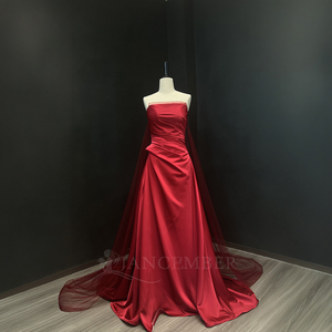 Vestido de Noche Elegante Rojo Satinado Nt152, Sin Tirantes, Corpiño Fruncido, Cintura Drapeada, Corte en A, Vestido Formal Jancember - Product Image 2
