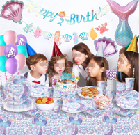 Ensemble de vaisselle jetable pour fête d'anniversaire sirène, assiettes en papier, gobelets, serviettes, nappe, décorations de gâteau, bannières, drapeaux, ballons, fournitures