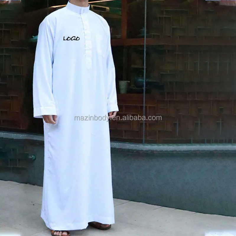 Özel Logo etiketi beyaz ayakta yaka elbise giyim arabistan Dubai geleneksel erkekler beyaz müslüman uzun elbise Kanzu erkekler müslüman elbise