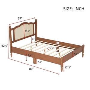 Full Size Wooden Platform <b>Bed</b> with Natural Rattan Headboard, Vintage <b>Bed</b> Frame with Wooden Slat Support - Product Image 6