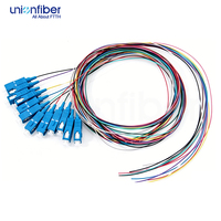 12 Core Bundle Tail Fiber SC UPC SM Pigtail G657A OS2 0.9mm LSZH PVC 1.5M 12Core Bundle Fiber Optic Pigtail untuk FTTH Pusat Data