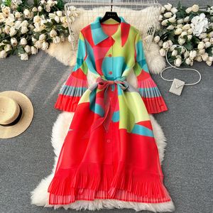 Robe midi plissée vintage pour femme, imprimé géométrique abstrait, robe chemise à manches longues avec ceinture, robes décontractées amples pour l'été - Product Image 3