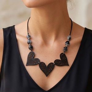 Boho Black <b>Rope</b> Necklace Hollow Lace Heart Charms Grey Marbled Bead Women Casual Vintage Neck Ornament - Product Image 6