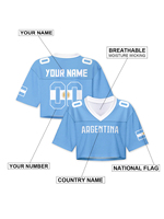 Jersey Sepak Bola Wanita Model Crop Top V-Neck 2026, Kaos Streetwear Bahan Mesh, Cetak Bendera Brasil Spanyol Argentina, Atasan Sepak Bola Crop Top