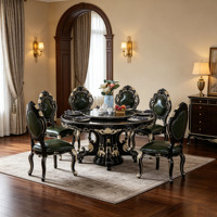 Luxuriöses Europäisches Rundes Massivholz-Esszimmer-Set mit Schwarzer Marmorplatte und Drehbarem Serviertablett, Grüne PU-Lederstühle für Villen, Großhandel