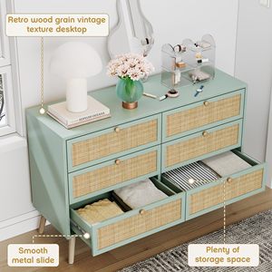 Combohome <span class=keywords><strong>Vintage</strong></span> Rattan naturale e legno MDF 6 cassetti <span class=keywords><strong>comò</strong></span> per <span class=keywords><strong>camera</strong></span> <span class=keywords><strong>da</strong></span> <span class=keywords><strong>letto</strong></span>, metà del secolo moderna cassettone con robuste gambe in legno - Product Image 4