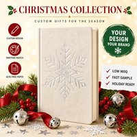 Carnet A5 personnalisé en suède crème avec flocon de neige argenté, reliure cousue, logo gaufré, 80 feuilles, ruban