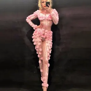 Sexy Roze Bloemen Leuke Jumpsuit Steentjes Een Stuk Dance Sparkly Kostuum vrouwen Verjaardag Outfit Podium Zanger Prestaties Wea