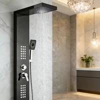 Panneau de douche en acier inoxydable noir laqué couleur acier d'origine avec jets pluie et cascade, et commandes à 5 fonctions pour salle de bain