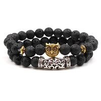 Ensemble de 2 bracelets perlés de 8 mm en pierre volcanique, tête de Bouddha, tête de crâne, casque de guerrier spartiate, couronne, unisexe