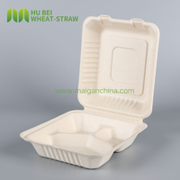 Boîte alimentaire à emporter en bagasse 8x8 pouces, résistante aux fuites et à la graisse, avec 3 compartiments, type clamshell, pour boulangerie