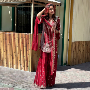 Ornate Curved Scalloped Hemline Vertical <b>Sequin</b> Jaal Maroon Georgette Tunic <b>Flared</b> Tiered Sharara Scallop Border Dupatta - Product Image 1
