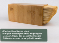 Un support de rangement pour ustensiles de cuisine en bois naturel, qui peut contenir des couteaux et des fourchettes, et est utilisé pour organiser le comptoir.