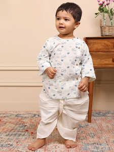 Kurta pour garçons imprimé éléphant crème avec pantalon Dhoti blanc, tenue ethnique traditionnelle pour enfants, idéale pour les fêtes et les mariages - Product Image 6