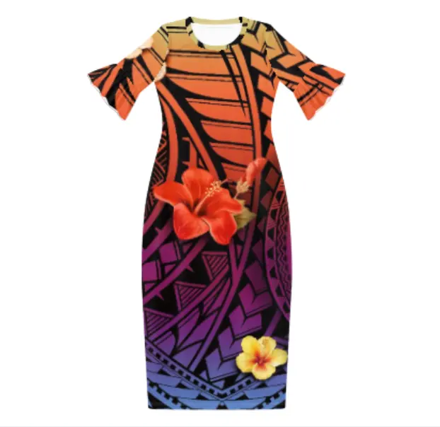 Polynesian Tribal Maxi Dress Samoan Puletasi Plus Size Women's Clothing Hibiscus Island Dress Customized Crewneck Womens Dresses
