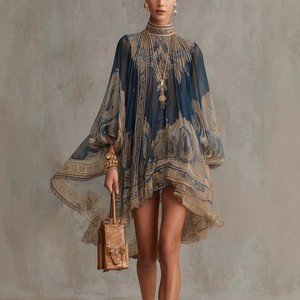 Nuovo Abito in Chiffon con Collo Alto e Ricami Floreali 2026, Vestito Lungo da Donna con Maniche Lunghe e Gonna Asimmetrica a Foglia di Loto - Product Image 1