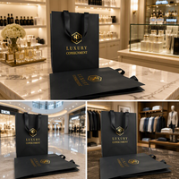 Sac shopping en papier bleu marine personnalisé avec logo estampé à chaud argenté, poignée en ruban, pour cosmétiques, vêtements, emballage cadeau, bijoux