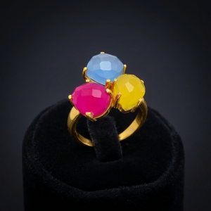 Bague en pierre précieuse plaqué or doré avec de belles boucles d'oreilles en pierres précieuses roses jaunes et bleues pour femme et fille - Product Image 3