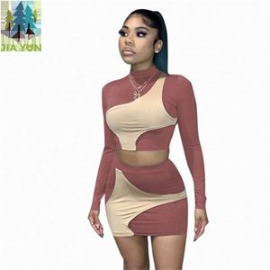 <span class=keywords><strong>Abbigliamento</strong></span> da donna 2021 moda stile elegante stile Patchwork contrasto colore 2 pezzo manica lunga top Set gonne corte - Product Image 4