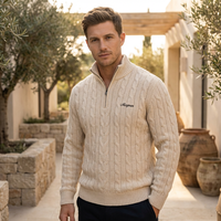 Pull en maille torsadée personnalisé à col zippé pour homme, mélange laine et cachemire, manches longues, esthétique Old Money, luxe discret, tricot.