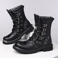 Botas de Motocicleta de Media Pantorrilla para Hombre, Diseño Nuevo, de Cuero PU, con Múltiples Hebillas Metálicas, Puntera de Acero, Antideslizantes, con Suela de Goma Gruesa, para Exteriores