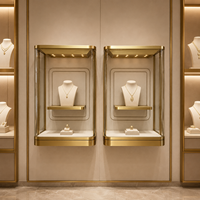 Ensemble de vitrines murales pour bijoux de qualité supérieure, côtés en verre incurvé, bordure dorée, étagère intégrée, projecteurs LED pour les magasins de vente de bijoux