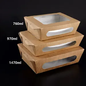 Boîtes à lunch jetables en papier kraft biodégradable avec fenêtre en PET Revêtement UV Matériel imprimé Carton Salade Soupe Stockage des aliments
