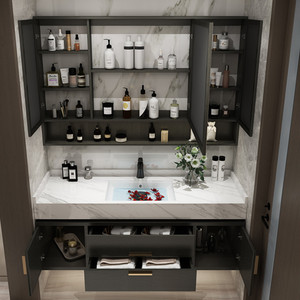 Combinación de gabinete de baño luz inteligente lujo moderno simple lavabo mármol lavabo gabinete conjunto - Product Image 6