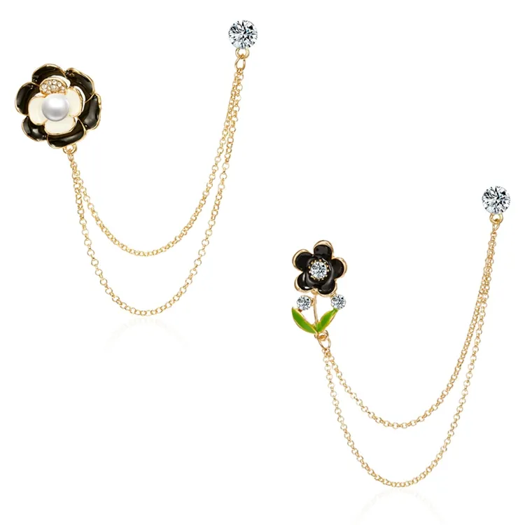 Accesorios únicos para trajes de abrigo, broche de aleación de doble cadena con diamantes de imitación, insignia de flor negra para mujer