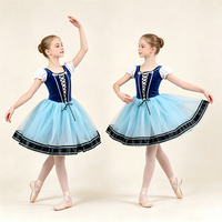 Tenue de danse pour filles, tutu de ballet en velours bleu foncé pour enfants, manches courtes bouffantes blanches, nœud en dentelle croisé, jupe en tulle rayée