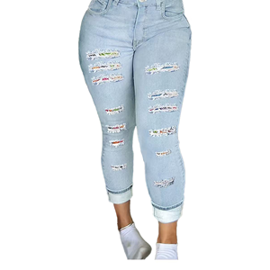 Pantalon en jean crayon déchiré taille mi-haute extensible décontracté pour femme grande taille – Collection été du fabricant - Product Image 3