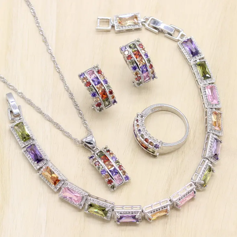 Multi Color Stones White Gold Plated Jewelry Set for Women Bracelet Earrings Ring Necklace Pendant Bridal Jewelry