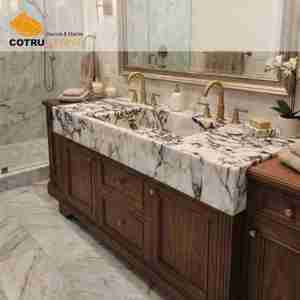 Lavabo Vintage in Marmo Naturale Calacatta Viola con <span class=keywords><strong>Mobile</strong></span> in Legno Massello per <span class=keywords><strong>Bagno</strong></span> di Lusso - Product Image 1