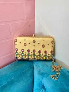 Yellow Poly Satin Beaded Chain Clutch Bag Zipper Closure Embroidered Evening <b>Handbag</b> Indian Style Party Purse <b>Small</b> Capacity - Product Image 1