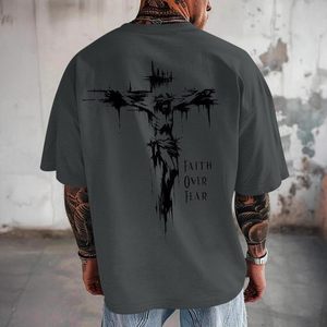 T-shirt FOXA Christian Faith Over Fear pour homme, t-shirt graphique religieux surdimensionné avec motif croix, 100% coton, manches courtes - Product Image 2