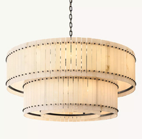 Lustre suspendu rond en albâtre et laiton pour plafond haut, salon, 2 niveaux, artisanal, éclairage OEM