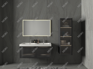 Meuble-lavabo flottant noir cannelé <span class=keywords><strong>MEBO</strong></span> avec armoire latérale haute en verre cannelé, armoire de salle de bain murale - Product Image 4